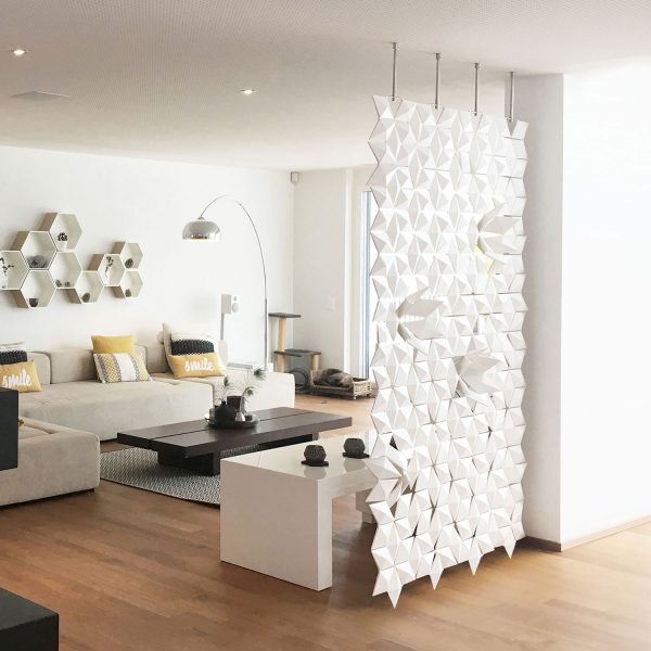 Living Room Divider Photos - Half Partition for Living Room, Designer Partition for Living Room, White Hanging Room Divider by Bloomming, Dividing a Living Room into Two Spaces, Wall Separator in Living Room